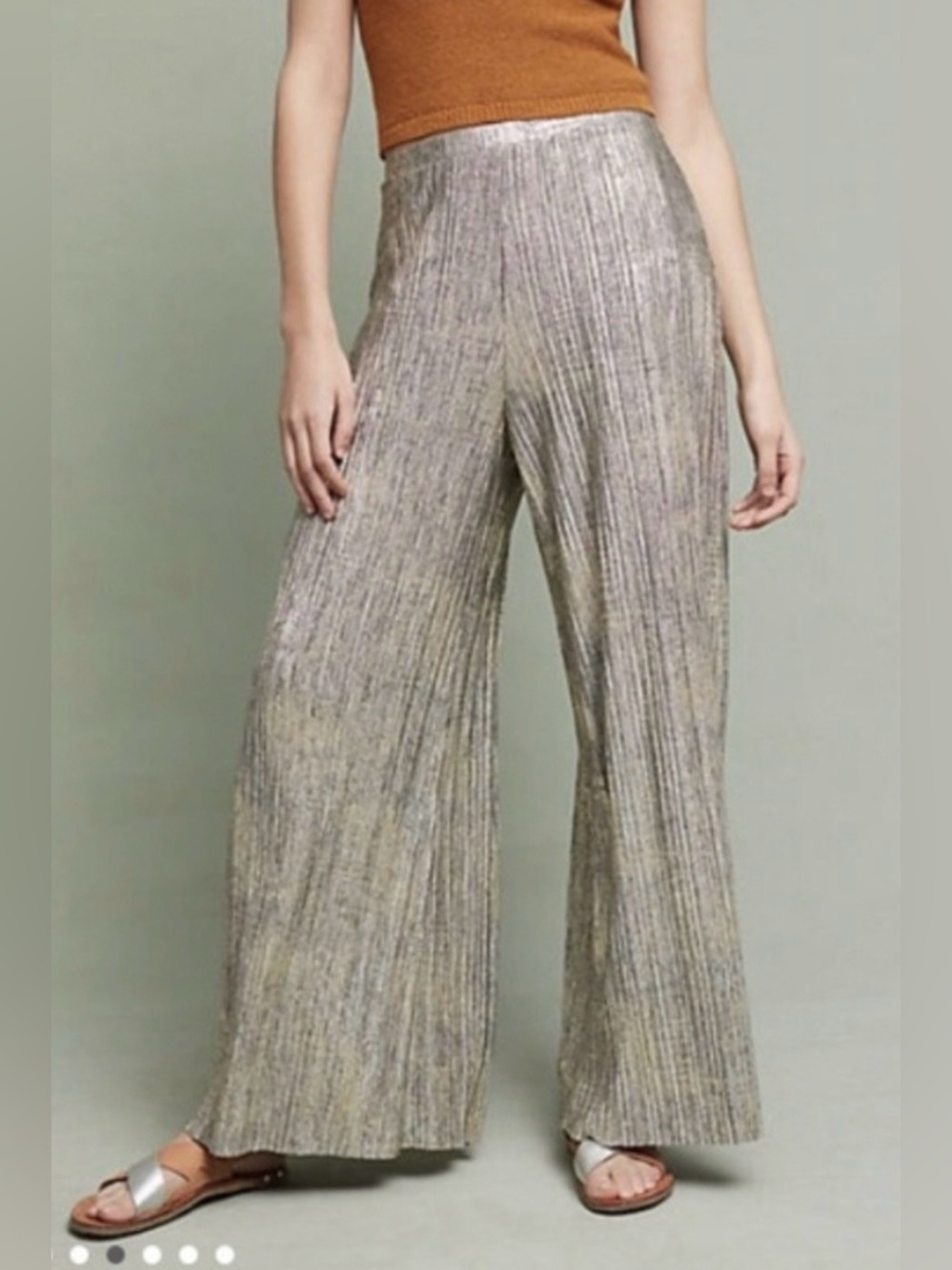 ANTHROPOLOGIE ELEVENSES Wide-Leg Pants Metallic Silver Shimmer Elegance  XL